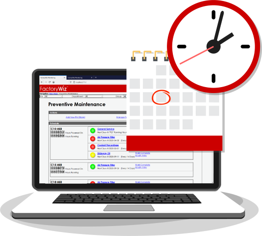 Graphic of a laptop and phone with factory wiz data and alert sign, calendar, and clock